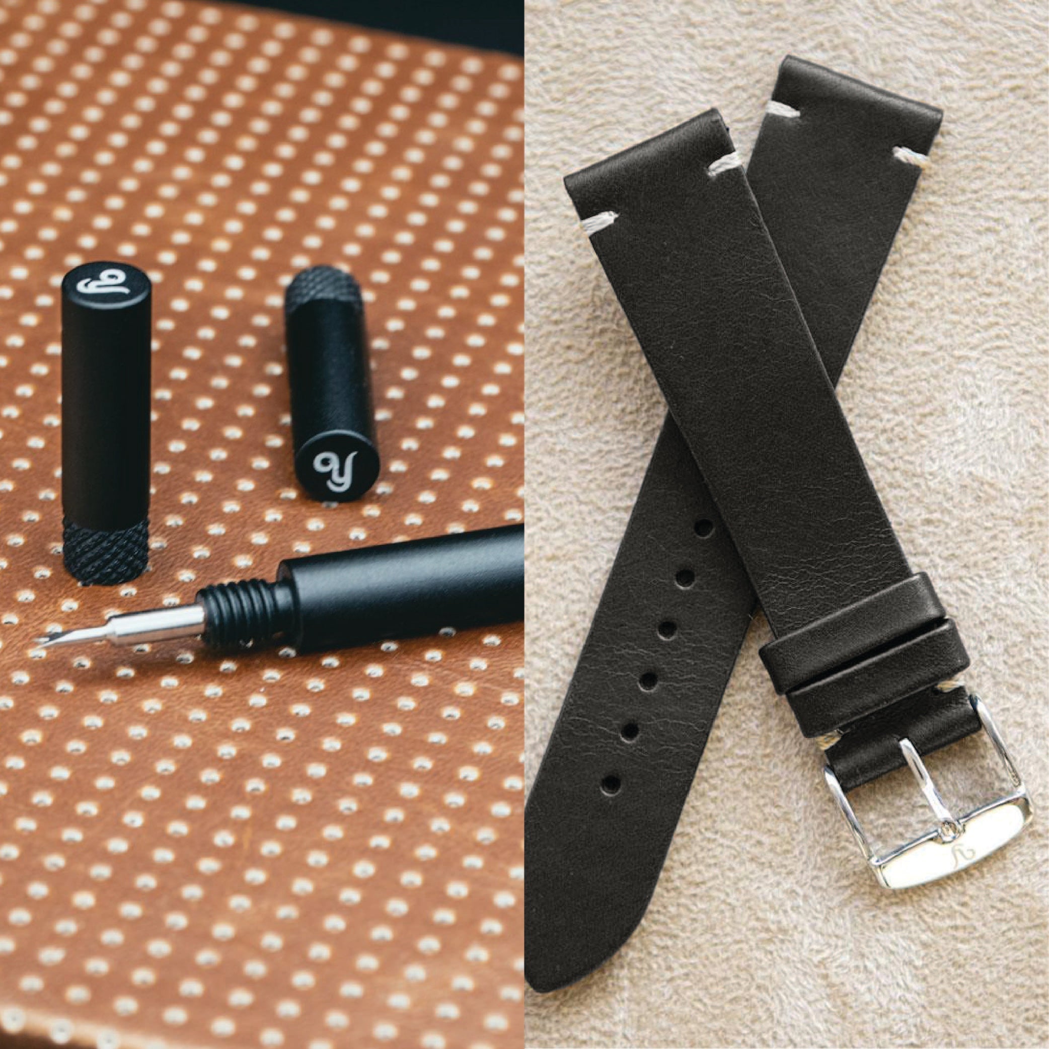 Black Leather Vintage Watch Band 19mm + YEMA Spring bar tool (118$)